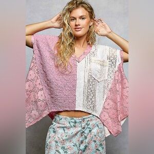 POL Asymmetrical V-Neck Short Sleeve Lace Top